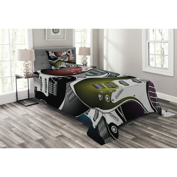 Ambesonne Popstar Party Quilted Bedspread Set 2 Pcs, Colorful Guitars, Twin Size, Multicolor