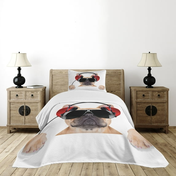 Ambesonne Popstar Party Quilted Bedspread Set 2 Pcs, DJ Bulldog Music, Twin Size, Pale Brown Black Red