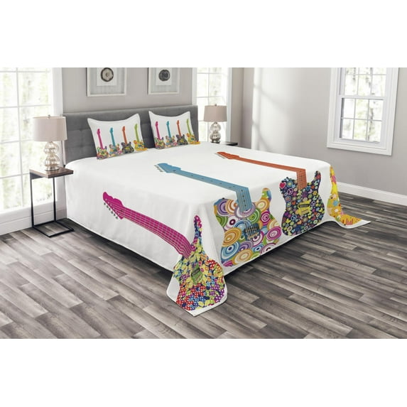 Ambesonne Popstar Party Quilted Bedspread Set 3 Pcs, Colorful Flowers Star, King Size, Multicolor