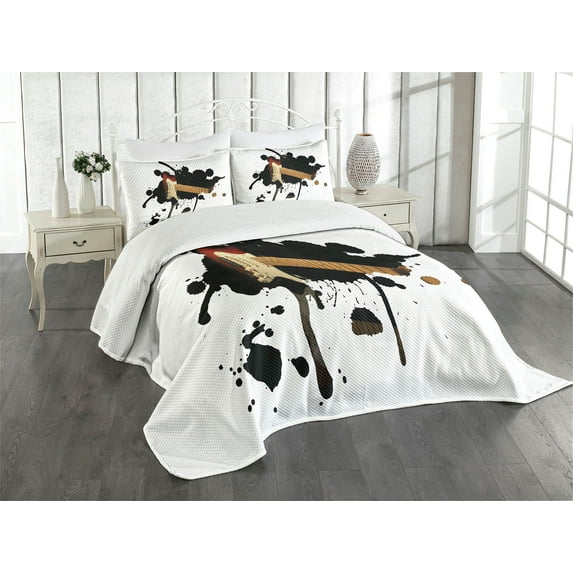 Ambesonne Popstar Party Quilted Bedspread Set 3 Pcs, Guitar Fretboard, Queen Size, Black Pale Brown Cream