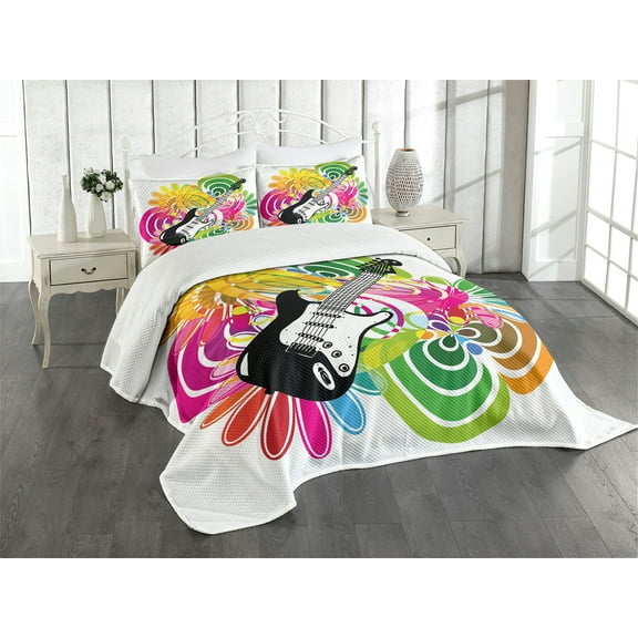 Ambesonne Popstar Party Quilted Bedspread Set 3 Pcs, Hawaiian Colorful, Queen Size, Multicolor
