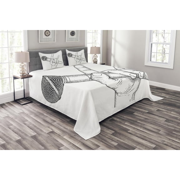 Ambesonne Popstar Party Quilted Bedspread Set 3 Pcs, Rock High Sign, Queen Size, Black and White