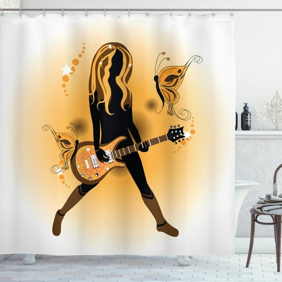 Ambesonne Popstar Party Shower Curtain, Girl Hair Guitar, 69"Wx84"L, Orange Brown Dark Brown