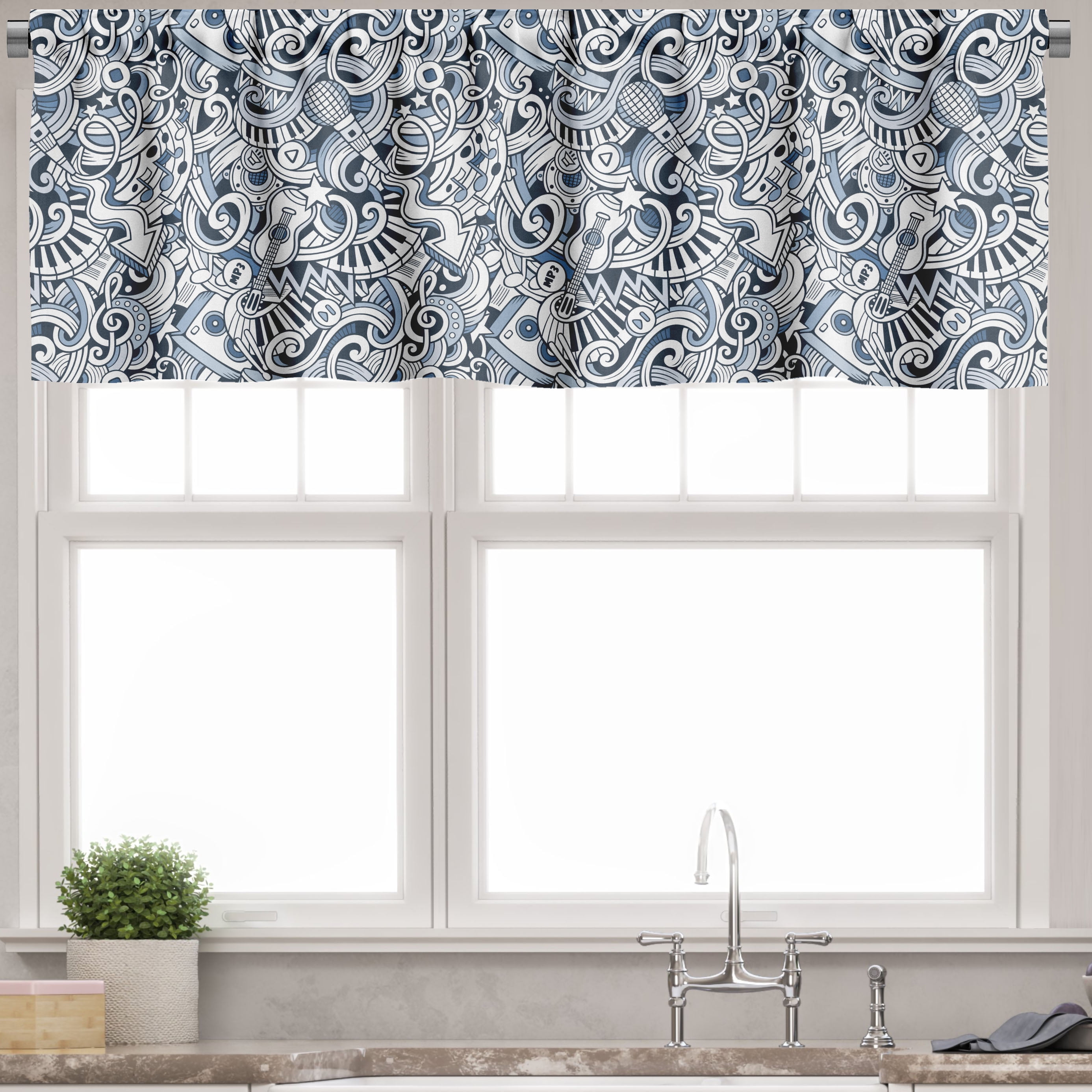 Blue and White Music Doodle Art Rod Pocket Valance Set