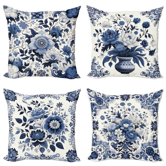 Ambesonne Portuguese Throw Pillow Cover 4 Pack, Talavera Ethnic Mosaic, 16", Violet Blue Off White