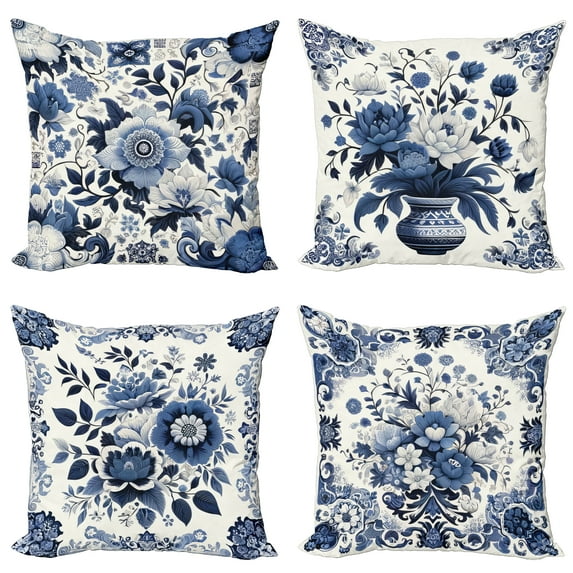 Ambesonne Portuguese Throw Pillow Cover 4 Pack, Talavera Ethnic Mosaic, 20", Violet Blue Off White