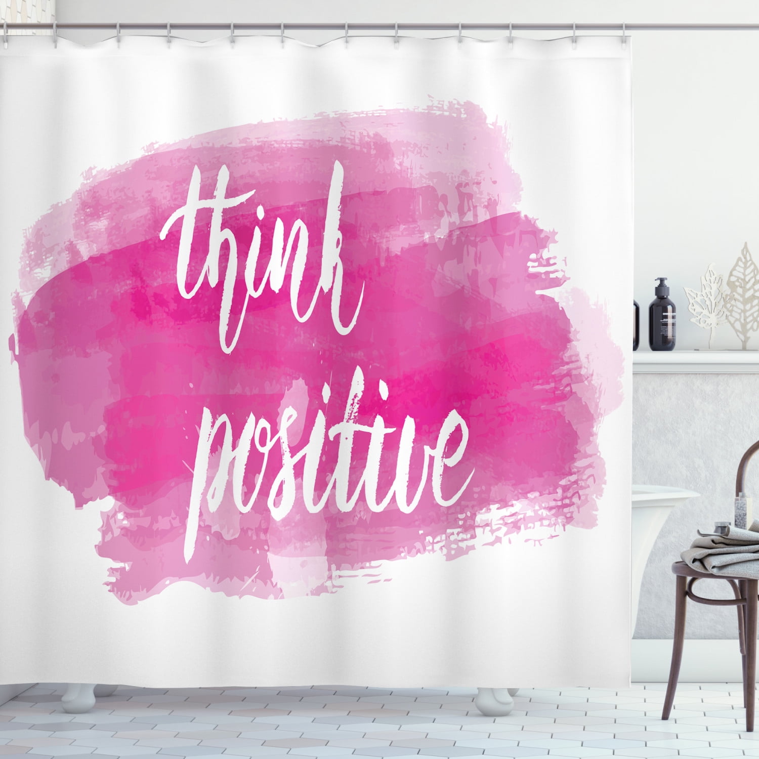 Ambesonne Positive Energy Shower Curtain, Calligraphy on Pink, 69"Wx75