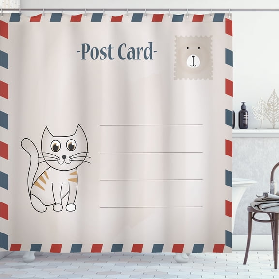 Ambesonne Postcard Shower Curtain, Kitten Concept Lettercard, 69"Wx70"L, Pale Eggshell Paprika