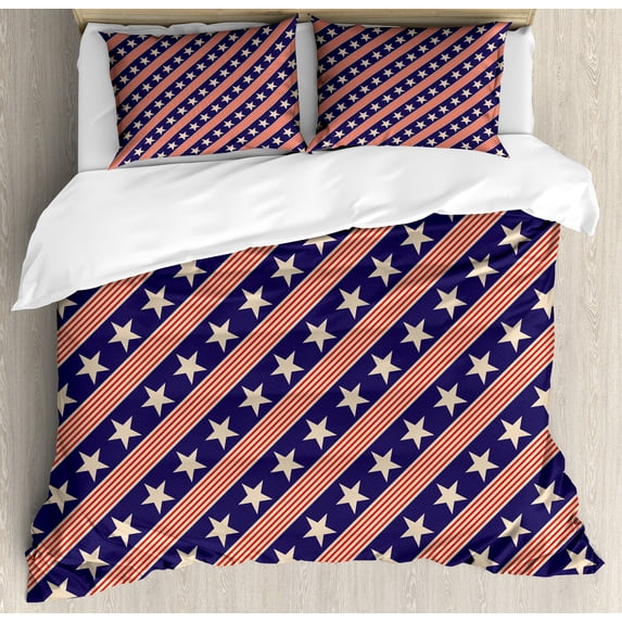 Ambesonne Prehistoric Country Duvet Cover Sets, Patriot Star, 2-King, Navy Coral Cream
