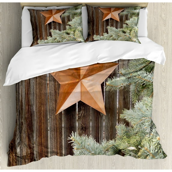Ambesonne Prehistoric Country Duvet Cover Sets, Star on Wood, 2-King, Orange Green Brown