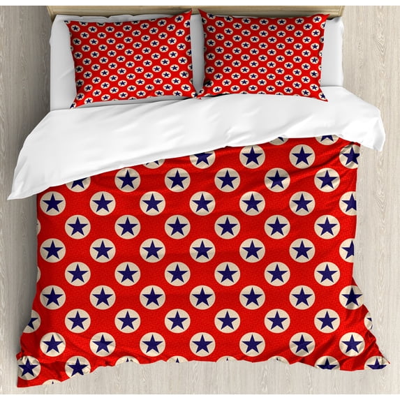 Ambesonne Prehistoric Country Duvet Cover Sets, Stars Dots, 2-King, Scarlet Navy Blue Cream