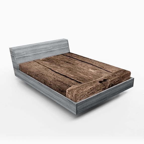 Ambesonne Prehistoric Country Fitted Sheet 2 Pcs Set, Heart on Wood, King, Umber