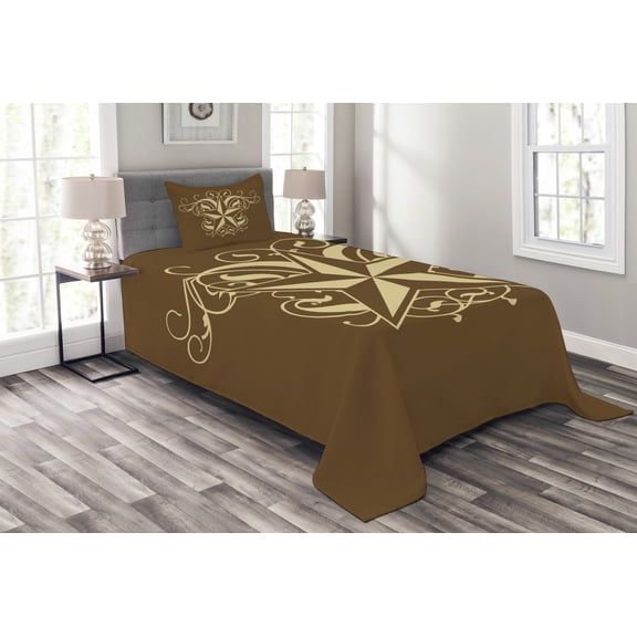 Ambesonne Prehistoric Country Quilted Bedspread Set 2 Pcs, Baroque Swirl, Twin Size, Brown Pale Yellow