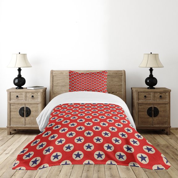 Ambesonne Prehistoric Country Quilted Bedspread Set 2 Pcs, Stars Dots, Twin Size, Scarlet Navy Blue Cream