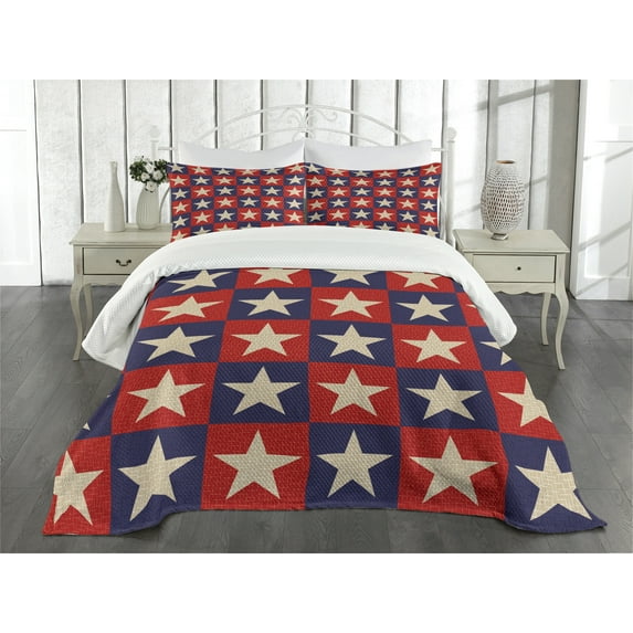 Ambesonne Prehistoric Country Quilted Bedspread Set 3 Pcs, National Stars, King Size, Cream Navy Red