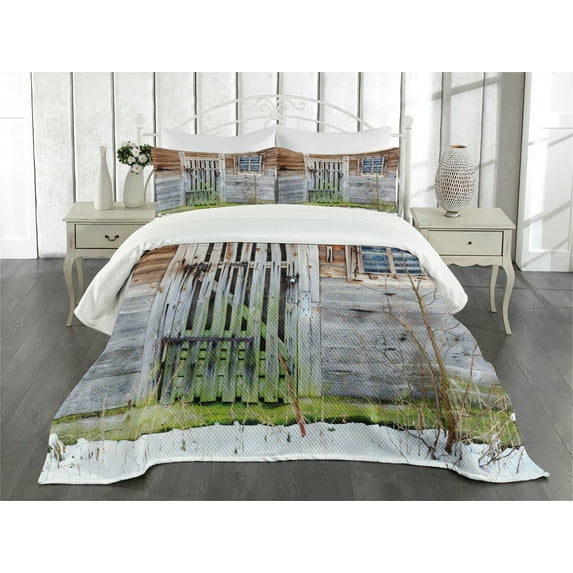 Ambesonne Prehistoric Country Quilted Bedspread Set 3 Pcs, Old Farmhouse, Queen Size, Brown Green Grey
