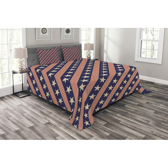 Ambesonne Prehistoric Country Quilted Bedspread Set 3 Pcs, Patriot Star, Queen Size, Navy Coral Cream
