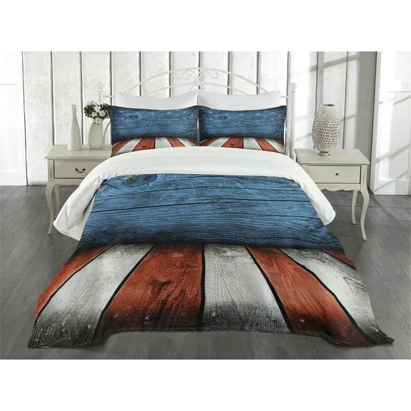 Ambesonne Prehistoric Country Quilted Bedspread Set 3 Pcs, Rustic Wooden, King Size, Pale Grey Blue Orange
