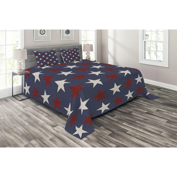 Ambesonne Prehistoric Country Quilted Coverlet 3 Pcs, US Freedom, King Size, Dark Blue White and Ruby
