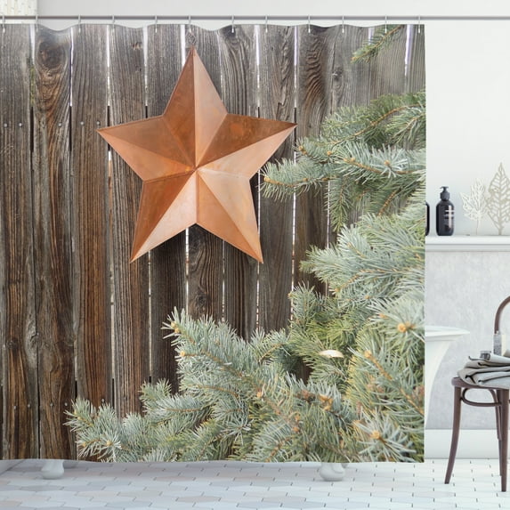 Ambesonne Prehistoric Country Shower Curtain, Star on Wood, 69"Wx70"L, Orange Green Brown
