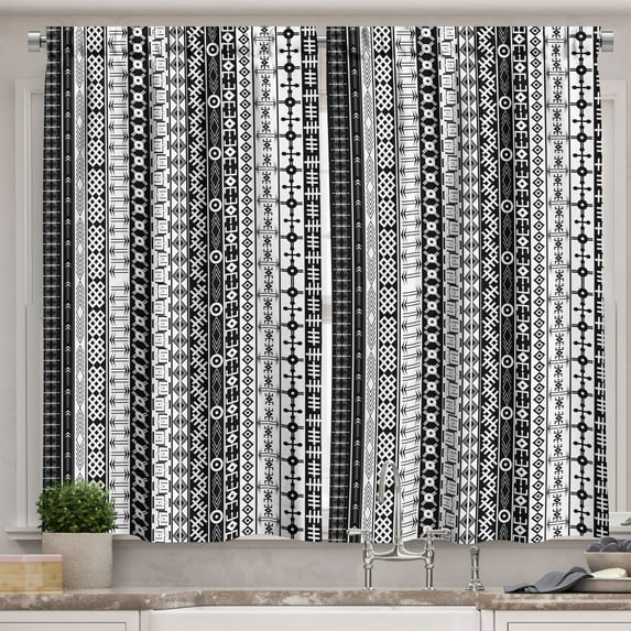 Ambesonne Prehistoric Kitchen Curtains, Tribal Motif Pattern, 55"x45", Black White