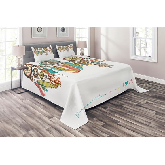 Ambesonne Prehistoric Quilted Coverlet 3 Pcs, Boho Dreamcatchers, King Size, Multicolor