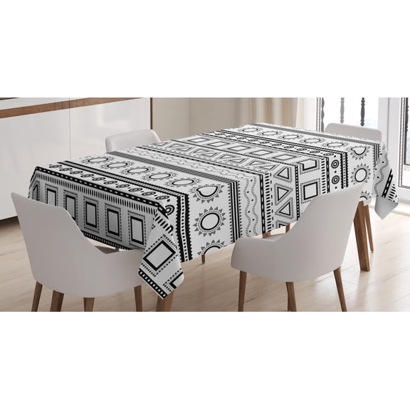 Ambesonne Prehistoric Tablecloth Rectangular Table Cover, Sun Triangles Borders, 60"x90", Black White