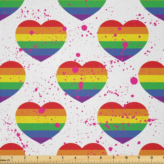 Ambesonne Pride Day Fabric by the Yard Microfiber, Heart Aquarelle Theme, 5 Yards, Hot Pink Azure Blue