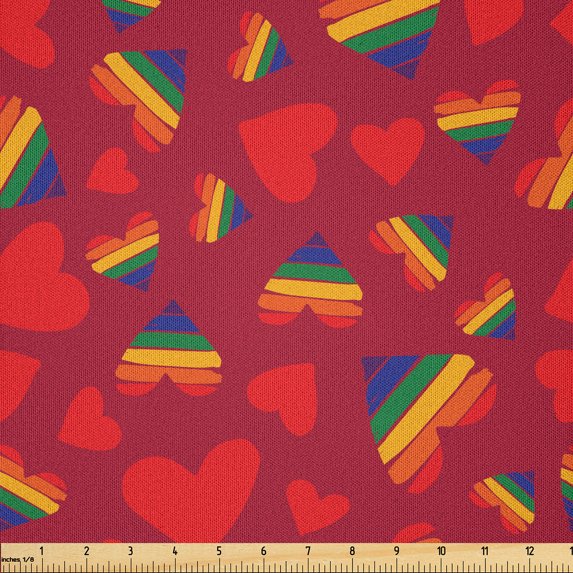 Ambesonne Pride Fabric by the Yard Microfiber, Hearts in Rainbow Colours, 3 Yards, Ruby Blue and Green