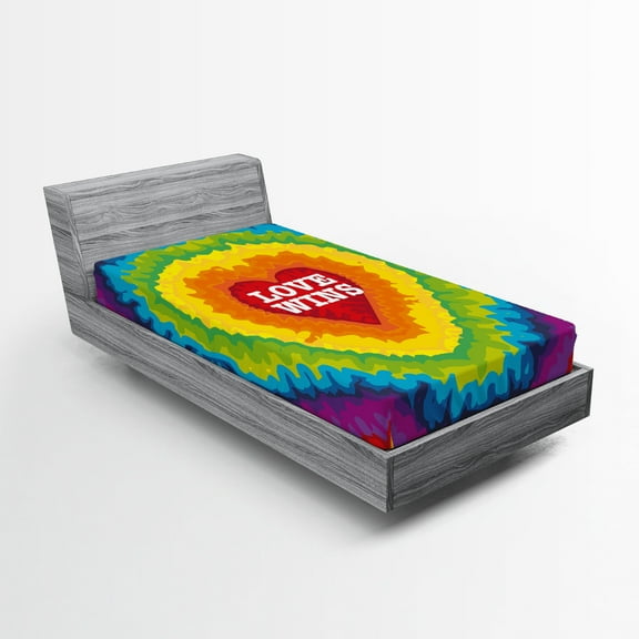 Ambesonne Pride Fitted Sheet 2 Pcs Set, Love Wins Tie Dye Effect, Twin, Multicolor