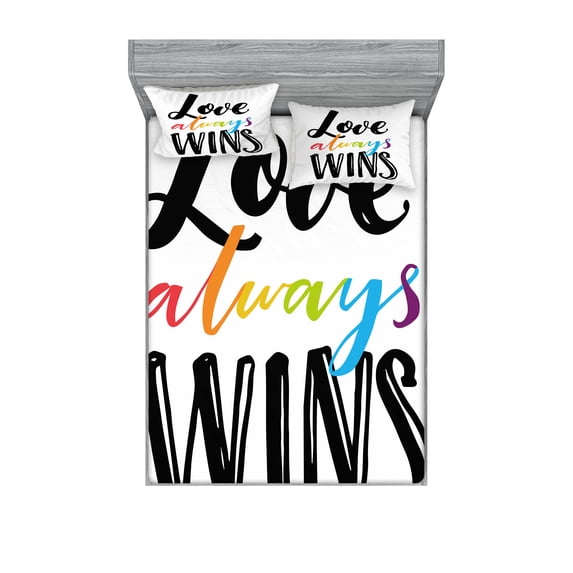 Ambesonne Pride Fitted Sheet & Pillow Sham Set, Love Always Wins Phrase, Full, Multicolor
