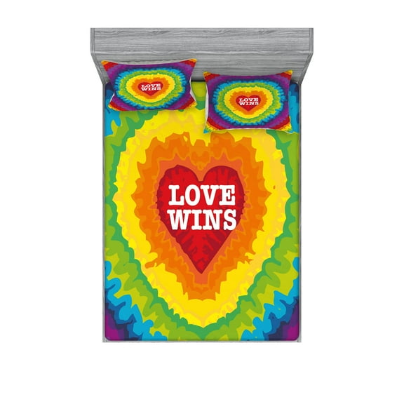 Ambesonne Pride Fitted Sheet & Pillow Sham Set, Love Wins Tie Dye Effect, Full, Multicolor