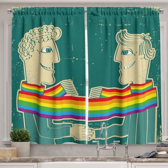 Ambesonne Pride Kitchen Curtains, Gay Couple with Scarf, 55"x39", Multicolor