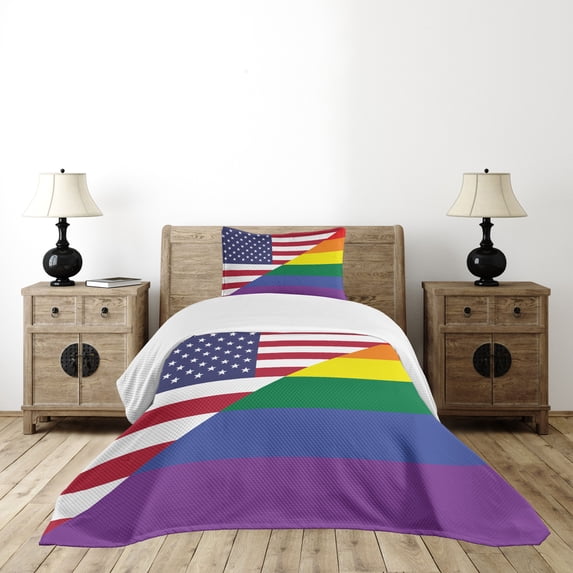 Ambesonne Pride Quilted Bedspread Set 2 Pcs, Flag USA Rainbow Colors, Twin Size, Multicolor