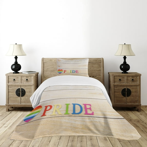 Ambesonne Pride Quilted Bedspread Set 2 Pcs, Heart Sign Colorful Love, Twin Size, Multicolor
