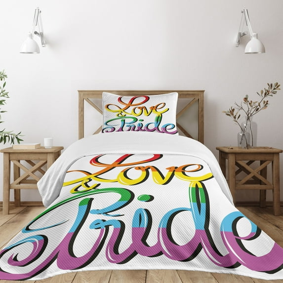 Ambesonne Pride Quilted Bedspread Set 2 Pcs, Love Text Rainbow Colors, Twin Size, Multicolor
