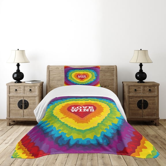 Ambesonne Pride Quilted Bedspread Set 2 Pcs, Love Wins Tie Dye Effect, Twin Size, Multicolor