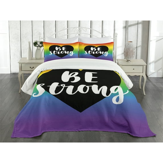 Ambesonne Pride Quilted Bedspread Set 3 Pcs, Be Strong Slogan Heart, Queen Size, Multicolor