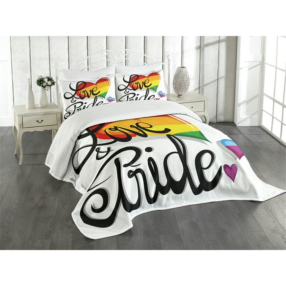 Ambesonne Pride Quilted Bedspread Set 3 Pcs, Big Little Hearts Love, King Size, Multicolor