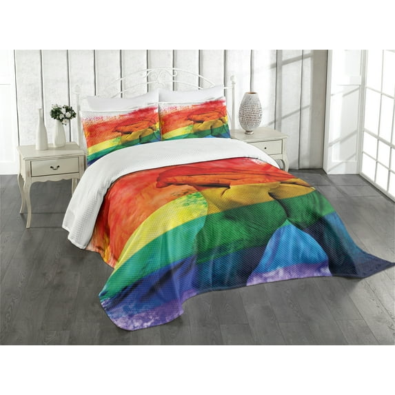Ambesonne Pride Quilted Bedspread Set 3 Pcs, Gay Couple Holding Hands, Queen Size, Multicolor