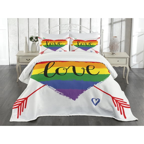 Ambesonne Pride Quilted Bedspread Set 3 Pcs, Heart Arrows Love Doodle, Queen Size, Multicolor