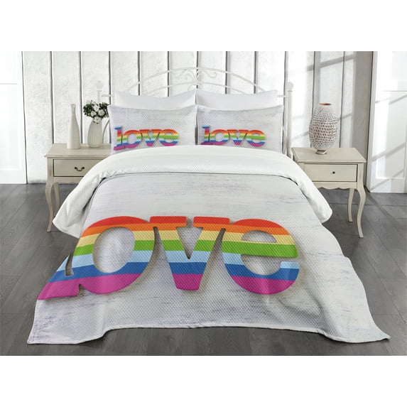 Ambesonne Pride Quilted Bedspread Set 3 Pcs, Love Sign on Wood Planks, Queen Size, Multicolor
