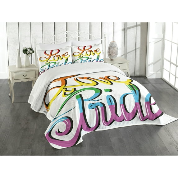 Ambesonne Pride Quilted Bedspread Set 3 Pcs, Love Text Rainbow Colors, Queen Size, Multicolor