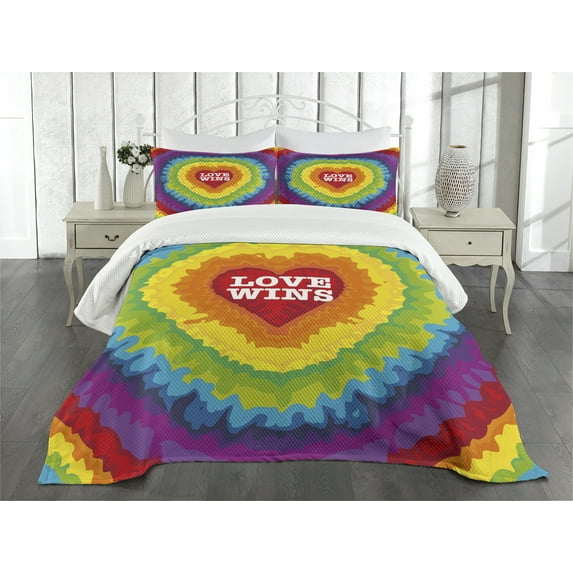 Ambesonne Pride Quilted Bedspread Set 3 Pcs, Love Wins Tie Dye Effect, King Size, Multicolor