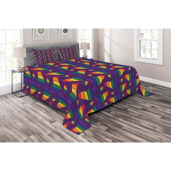 Ambesonne Pride Quilted Coverlet 3 Pcs, Rainbow Hearts Pattern LGBT, Queen Size, Multicolor