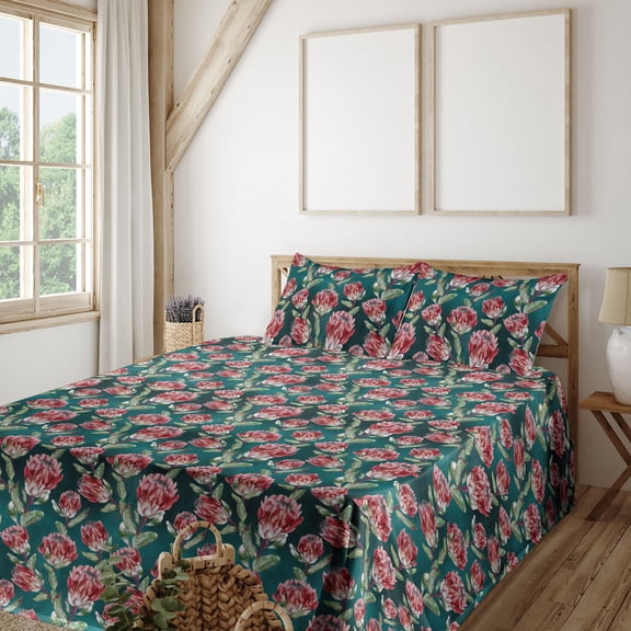 Ambesonne Protea Flowers Fitted & Flat Sheet with Shams 4 Pcs Set, Watercolor Floral, Queen, Forest Green Dark Coral