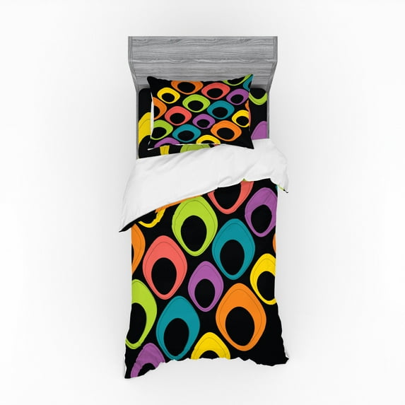 Ambesonne Psychedelic Bedding Set 3 Pcs, Colorful Oval Motifs, Twin, Multicolor