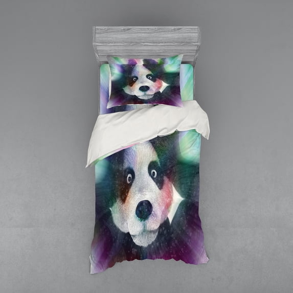 Ambesonne Psychedelic Bedding Set 3 Pcs, Psychedelic Panda, Twin, Grey White