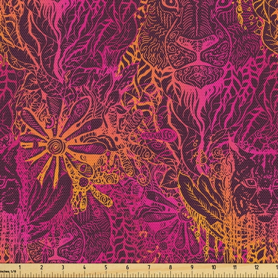 Ambesonne Psychedelic Cat Fabric by the Yard Upholstery, Jungle Lion Leaves, 2 Yards, Plum Magenta Orange