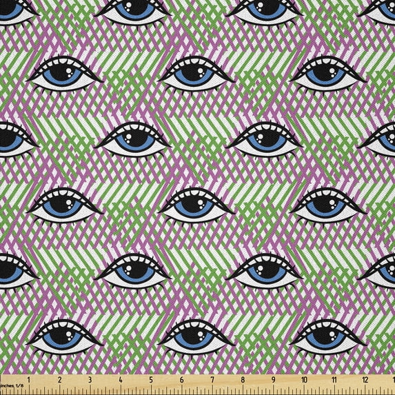 Ambesonne Psychedelic Fabric by the Yard Microfiber, Eyes on Funky Geometric, 3 Yards, Fuchsia Green and Blue